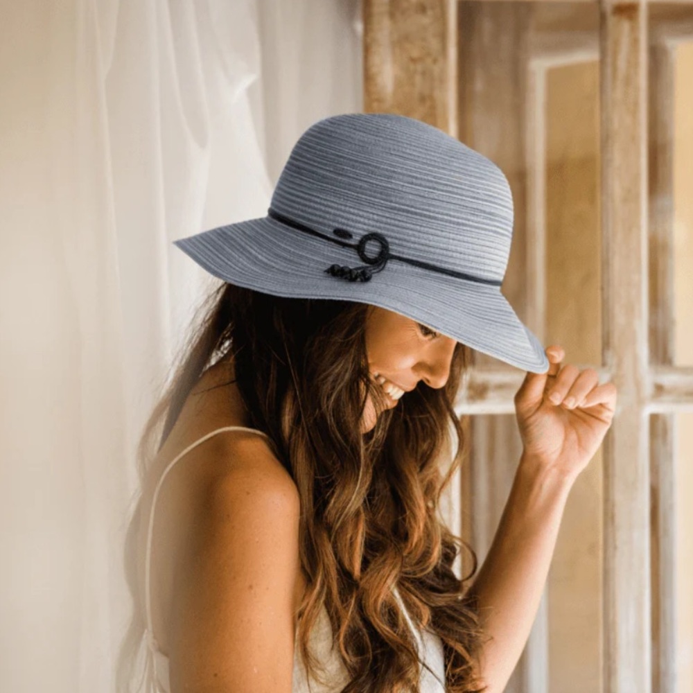 NWOT Kooringal Ladies Short Brim Sophia Bell Ribbon Hat SPF 50+ Blue Packable